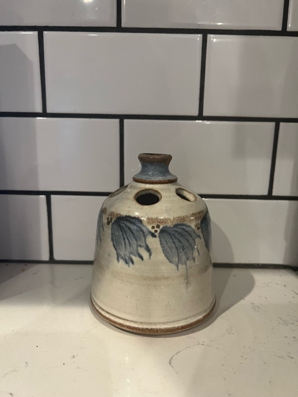 Handcrafted Ceramic Flower Frog Vase in Blue and Cream